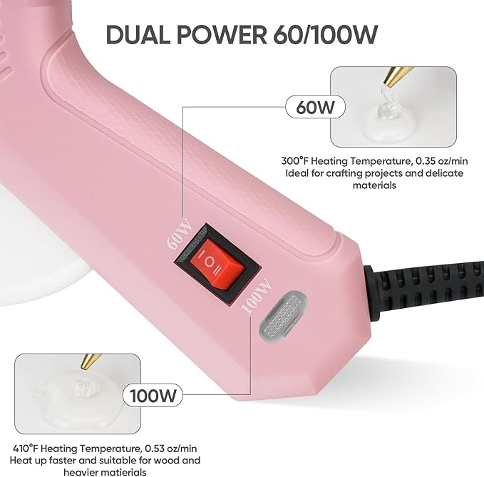 ROMECH Full Size Hot Glue Gun with 60/100W Dual Power and 21 Hot Glue Sticks (7/16"), Fast Preheating Heavy Duty Industrial Gluegun with Storage Case for Crafting, DIY and Repairs (Pink)