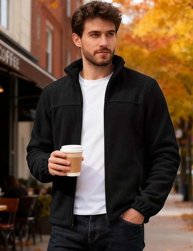 Mens Polar Fleece Jacket Full Zip Lightweight Casual Outdoor Jackets Stand Collar Warm Coats with Pockets