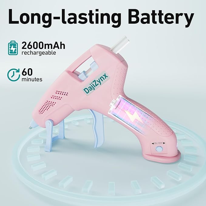 Hot Glue Gun, Cordless Hot Glue Gun with 30 Premium Glue Sticks (7×150mm), 90s Fast Heating, 2600mAh Type-C Rechargeable for DIY Crafts, Home Repairs, Creative Projects and Gift Making, Pink ﻿