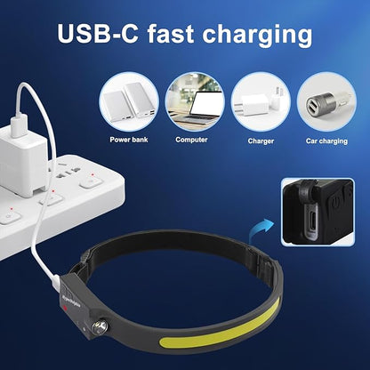 (3-Pack) Headlamp Rechargeable, LED Waterproof Headlight for Adults, 230° Headband Light Forehead, Motion Sensor, USB Head lamp Band, 350 Lumen Super Bright, 5 Modes, Comfortable for Running,Fishing