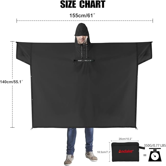 Andake Waterproof Rain Poncho for Adults Unisex,230T Ripstop Polyester,Raincoat Gear with Transparent Viewing Window Outdoors