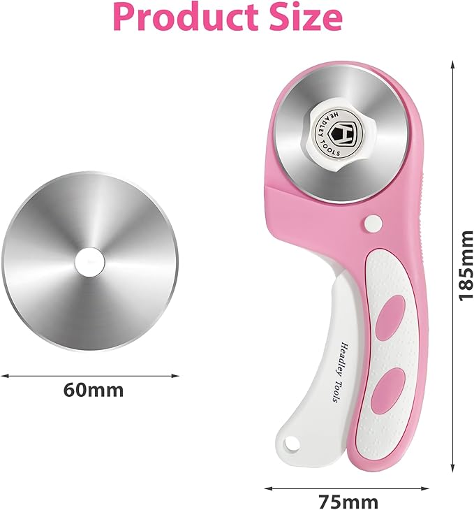 Headley Tools Rotary Cutter 60mm Upgraded with Bearing Design for Smoother and deeper cutting, Ergonomic Handle Rolling Cutter with Safety Lock for Fabric, Fabric, Leather, Crafting, Sewing, Pink