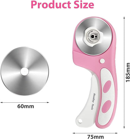 Headley Tools Rotary Cutter 60mm Upgraded with Bearing Design for Smoother and deeper cutting, Ergonomic Handle Rolling Cutter with Safety Lock for Fabric, Fabric, Leather, Crafting, Sewing, Pink