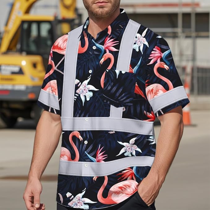 High Visibility Hawaiian Shirt for Men Tropical Shirts Custom Name Floral Outfit Reflective Safety Workwear