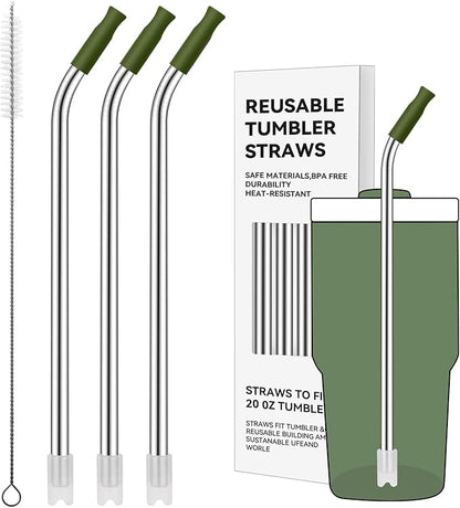 Reusable Metal Straws with Silicone Tip for Stanley 20oz,Stainless Steel Drinking Straws for 20oz Tumbler,3 Bent Tubes & 6 Tips& 1 Cleanr Brush(Dried Pine)