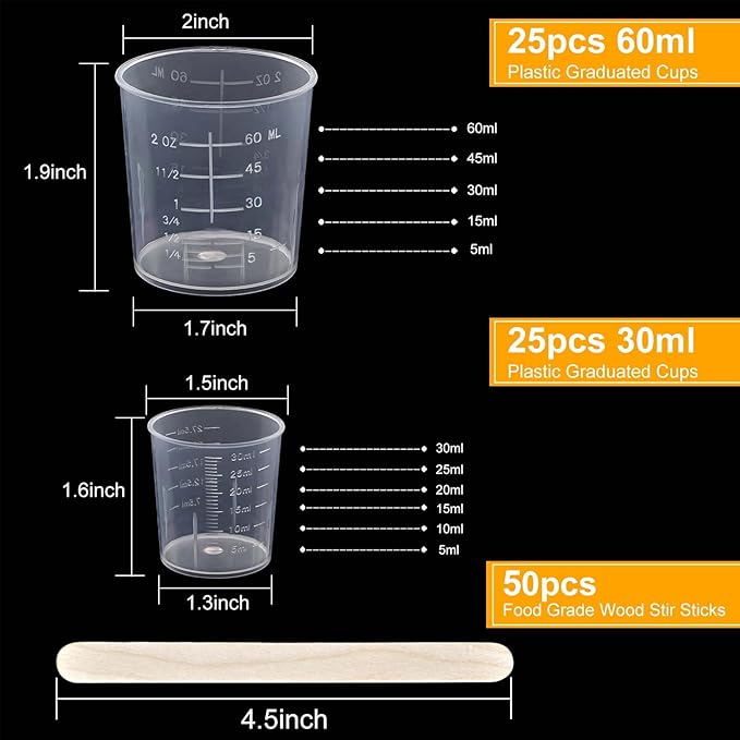 Coopay 50 Pack 60ml/2oz and 30ml/1oz Plastic Graduated Cups Transparent Scale Clear Epoxy Mixing Cup with 50 Pack Wooden Stirring Sticks for Resin, Epoxy, Stain, Mixing Paint