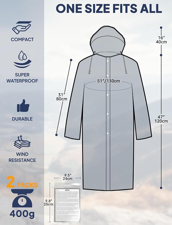 ANYOO Rain Ponchos for Adults Lightweight Reusable Raincoats for Men Women Emergency Rain Jacket with Hood 2 Pack