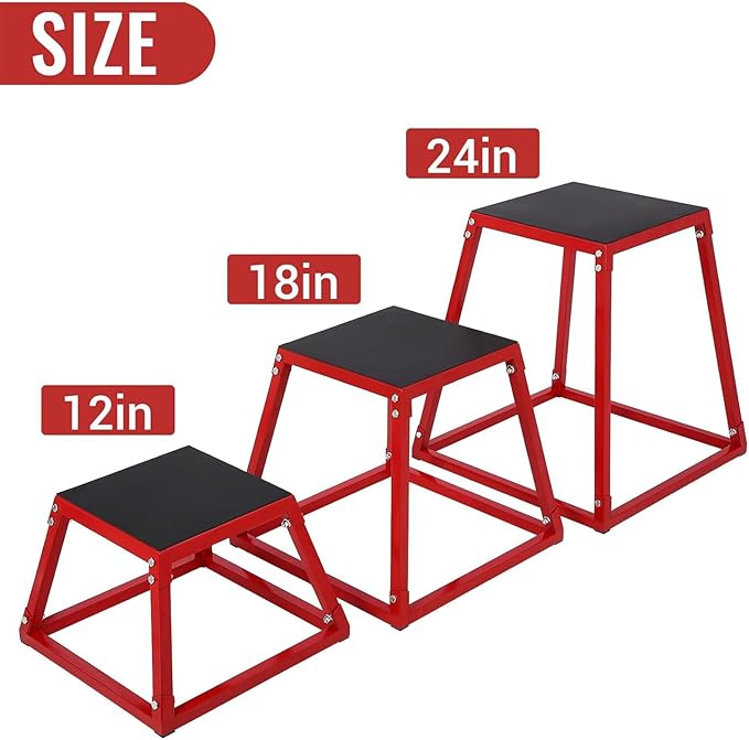 Plyometric Jump Box,Heavy Duty Steel Jumping Box with Rubber Pad,Step Up Box Set(12 18 24 Inch),550lbs Capacity,Deadlift Platform for Strength Training Conditioning Step Up Workouts Men Women Red