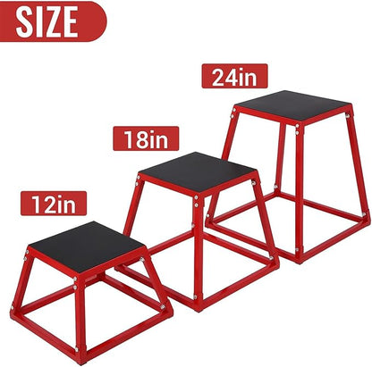 Plyometric Jump Box,Heavy Duty Steel Jumping Box with Rubber Pad,Step Up Box Set(12 18 24 Inch),550lbs Capacity,Deadlift Platform for Strength Training Conditioning Step Up Workouts Men Women Red