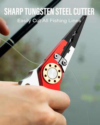 7.8" Saltwater Fishing Pliers with Needle Nose Jaws - Aluminum Grip, Tungsten Cutters | Fishing Tackle Gifts, Fishing Multitool, Red/White