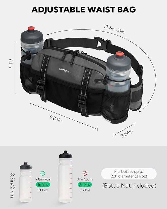 WATERFLY Large Hiking Fanny Pack: 3L Waist Bag with 2 Bottle Holders for Women Men - 9 Pockets & Adjustable Belt Lumbar Hip Packs for Travel Running Cycling Camping Workout (Bottles Not Included)