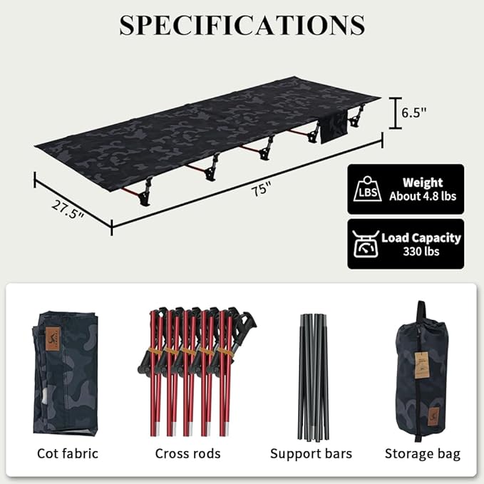 TOMOUNT Camping Cot Ultralight Folding Width 2.3ft Camping Cot for Adults Backpacking Cot for Camping Hiking Camping cots(Black Camouflage)