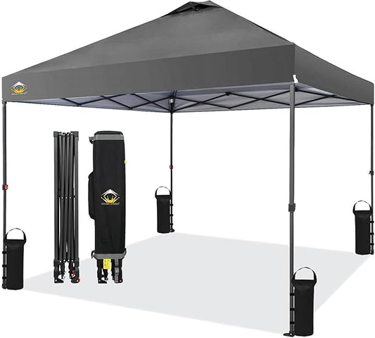 CROWN SHADES 10x10 Pop Up Canopy Tent - Patented Center Lock One Push Instant Outdoor Canopy Beach Tent with STO-N-Go Bag 8 Stakes & 4 Sand Bags，Grid Grey