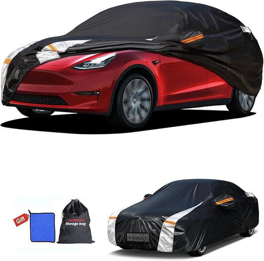 12-Layer Custom Fit Car Cover for Tesla Model Y (2020-2026), Upgraded Waterproof All-Weather Full Exterior Cover with Door Zipper and Charging Port, for Snow Rain Dust and Sun UV Protection-Black.