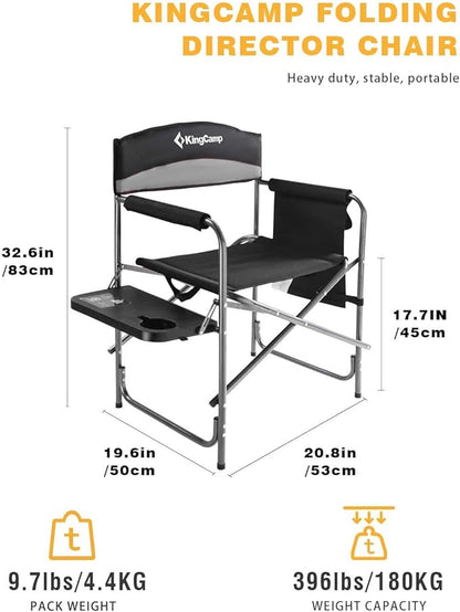 KingCamp Camping Foldable Padded Director Arm Chair with Side Table and Pocket, Grey