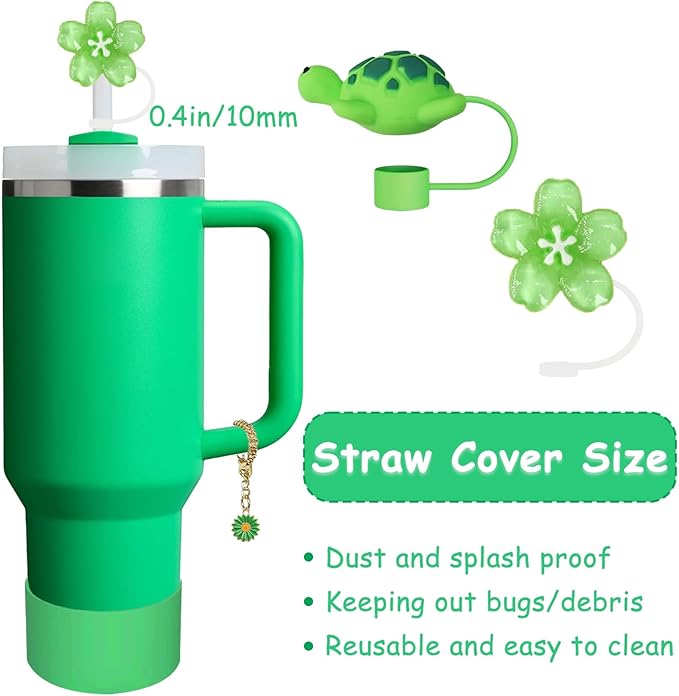 Stanley Cup Accessories Set,Including 2 Pcs 0.4in Straw Cover, 1 Silicone Spill-Proof Stopper Set of 3, 1 Cute Flower Handle Charm, 1 Silicone Boot Fits Stanley 40&30 Oz Tumbler (Meadow)
