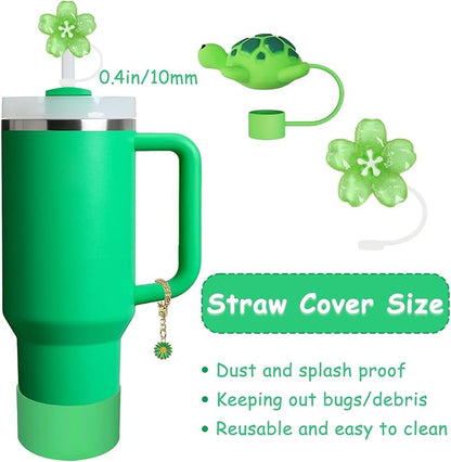 Stanley Cup Accessories Set,Including 2 Pcs 0.4in Straw Cover, 1 Silicone Spill-Proof Stopper Set of 3, 1 Cute Flower Handle Charm, 1 Silicone Boot Fits Stanley 40&30 Oz Tumbler (Meadow)