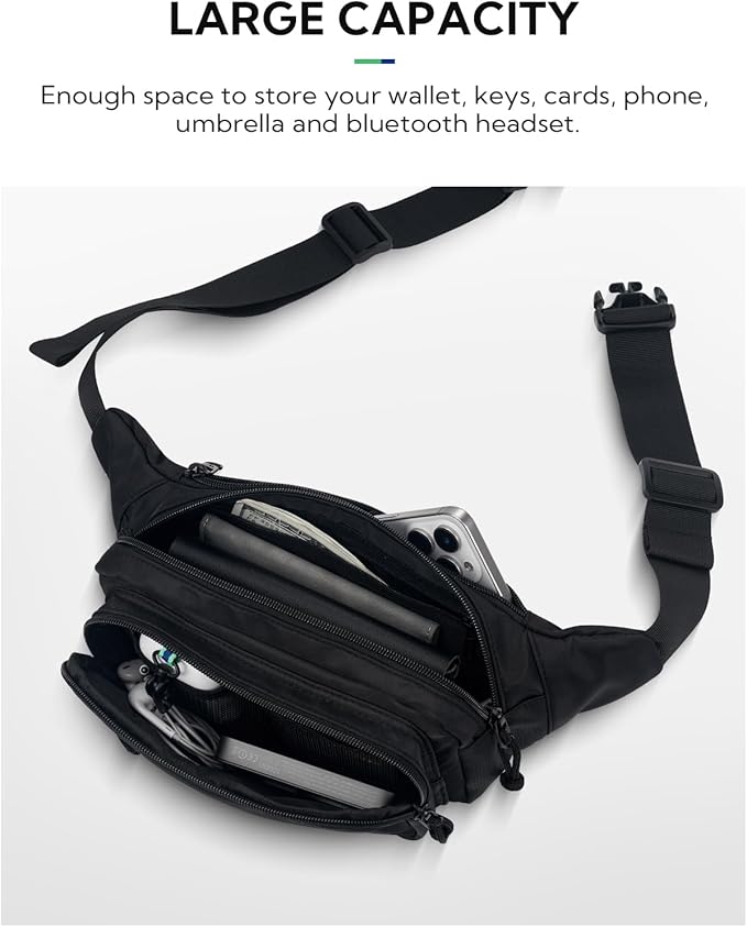 WATERFLY Fanny Pack Waist Packs: Large Crossbody Fanny Packs for Women Men with 5 Zipper Pockets Adjustable Strap Waist Bags Hip Pack for Traveling Cycling Running Hiking-Black