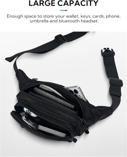 WATERFLY Fanny Pack Waist Packs: Large Crossbody Fanny Packs for Women Men with 5 Zipper Pockets Adjustable Strap Waist Bags Hip Pack for Traveling Cycling Running Hiking-Black