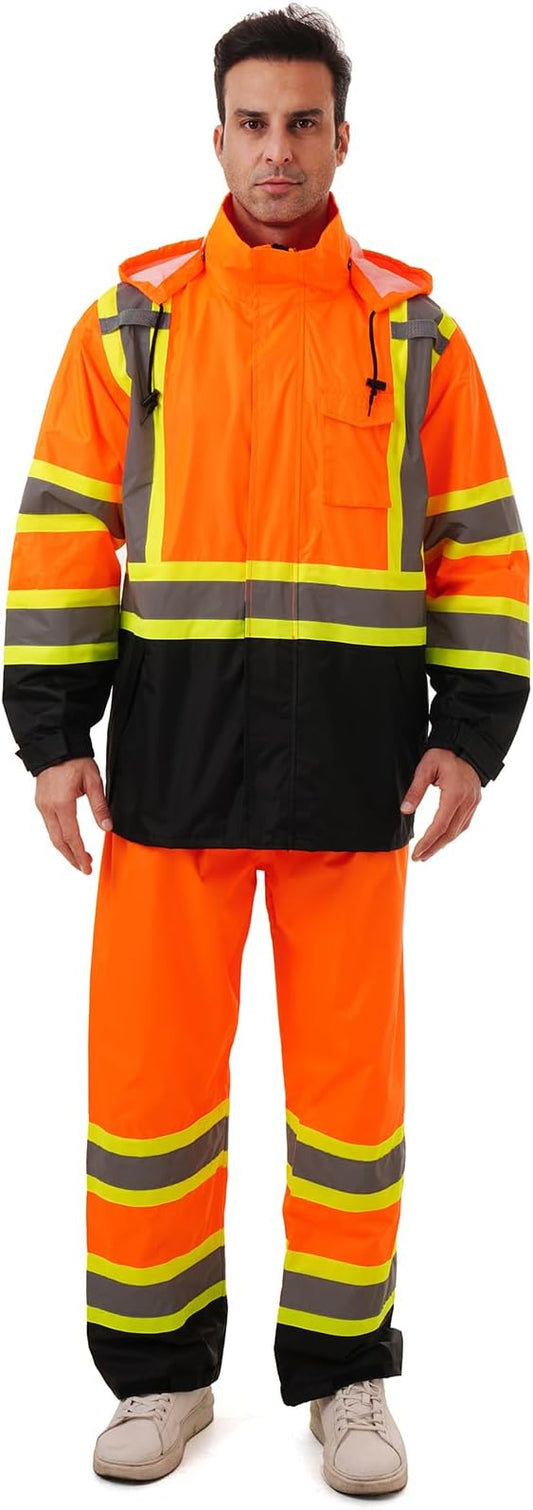 Hi Vis Safety rain Jacket，Reflective Class 3 Rain coat with Inner Mesh Lining and Pockets High Visibility Waterproof work Rain Suits for men&women（Orange,SM/MD）