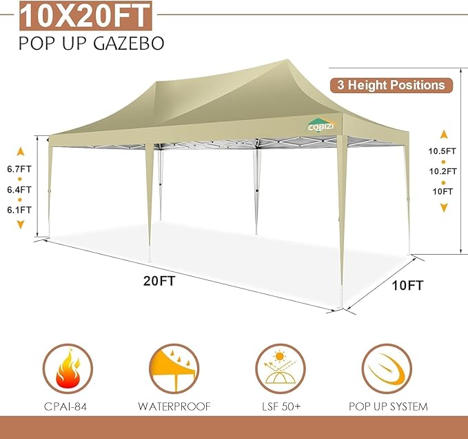 COBIZI 10x20 Pop Up Canopy Tent with Sidewalls,Party Tent Outdoor Gazebos, Waterproof & UV50+,3 Adjustable Heights,Higher Frame Design - Extra Tall for Parties Backyard,Weddings,Markets,(Khaki)