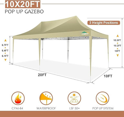 COBIZI 10x20 Pop Up Canopy Tent with Sidewalls,Party Tent Outdoor Gazebos, Waterproof & UV50+,3 Adjustable Heights,Higher Frame Design - Extra Tall for Parties Backyard,Weddings,Markets,(Khaki)