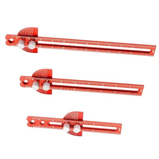 Woodworking Ruler, Adjustable Mark Angle & Straight line Scribe, Precision Pocket Ruler Metal Metric & Inch Portable Slide Rule Woodworking Tool T Square with Protractor Angle Finder (red in 3pcs)