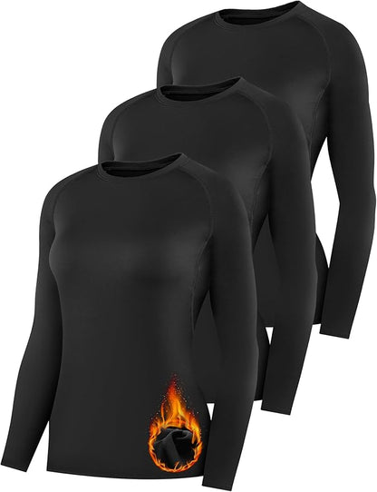 Womens Thermal Compression Long Sleeve Shirts Fleece Lined Tops Crew Neck Slim Fit Base Layer Ladies Underwear