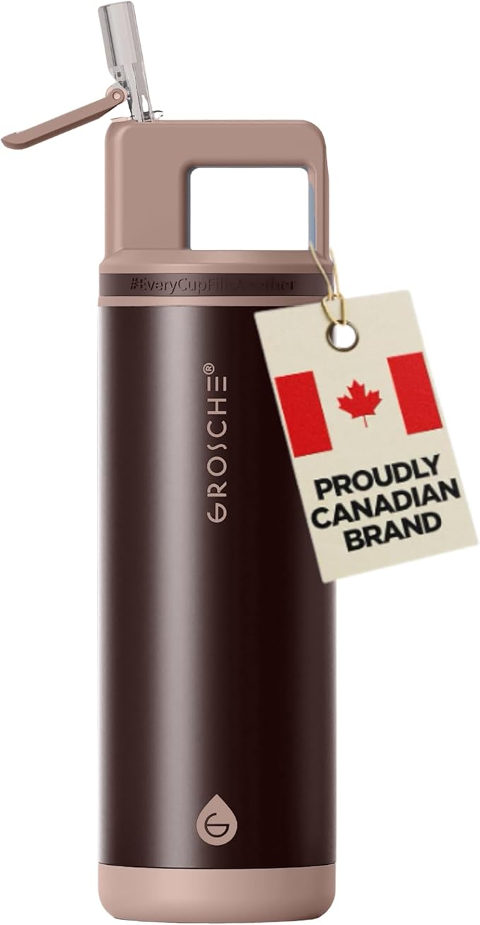 GROSCHE Alpine Shimmer Flip 'N Sip 20oz Insulated Water Bottle - Stainless Steel, Leakproof Flask with Straw, Perfect for Gym, Travel & Outdoor Use, Canadian Brand! - 20 fl. oz, Espresso