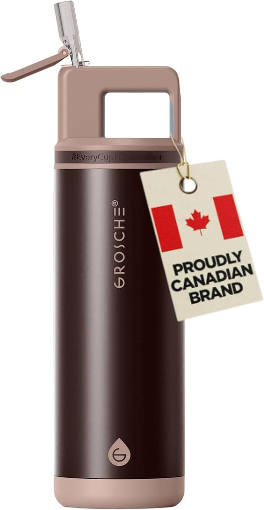 GROSCHE Alpine Shimmer Flip 'N Sip 20oz Insulated Water Bottle - Stainless Steel, Leakproof Flask with Straw, Perfect for Gym, Travel & Outdoor Use, Canadian Brand! - 20 fl. oz, Espresso