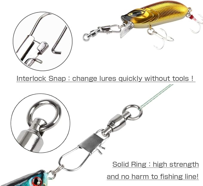 AMYSPORTS Stainless Steel Fishing Swivel Snap Ball Bearing Snap Swivels Fishing High Strength Saltwater Swivels Snaps Interlock Fishing Tackle Swivel Fishing Line Connector