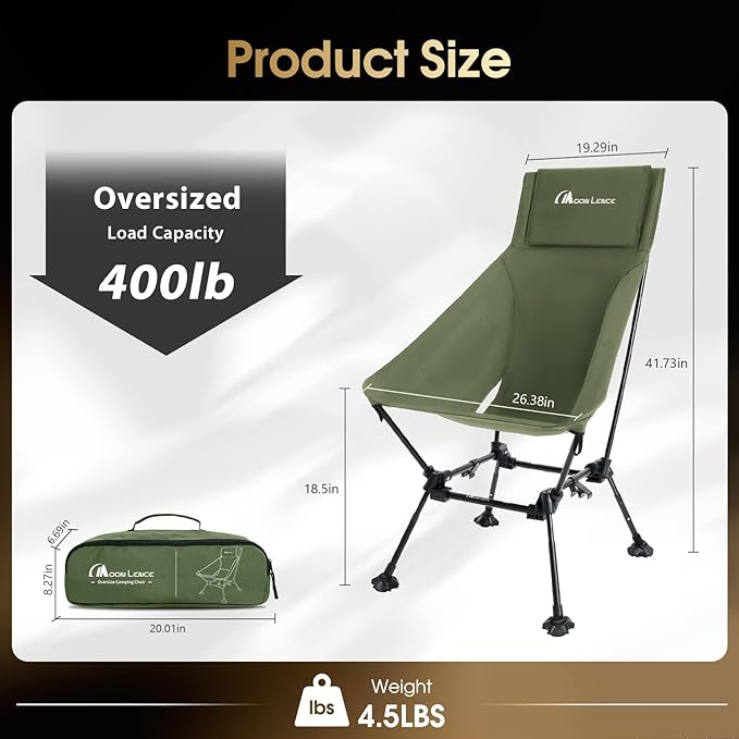 MOON LENCE Oversized Camping Chair for Adults, Height Adjustable High-Back Folding Camping Chair with 400 lbs Capacity, Hidden Pillow Pocket and Wide Seat for Camping, Hiking, Picnics, Green
