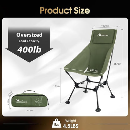 MOON LENCE Oversized Camping Chair for Adults, Height Adjustable High-Back Folding Camping Chair with 400 lbs Capacity, Hidden Pillow Pocket and Wide Seat for Camping, Hiking, Picnics, Green