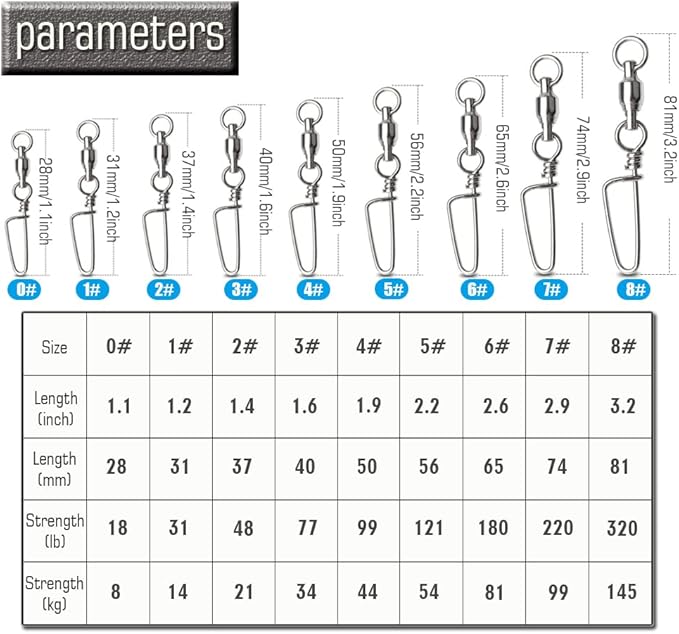 AMYSPORTS High Strength Fishing Snap Swivels Ball Bearing Swivels Stainless Fishing Swivels Saltwater Corrosion Resistance Barrel Swivel for Freshwater Fishing