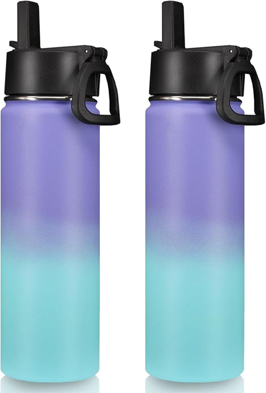 Neihepal 22 oz Insulated Water Bottles with Leak Proof Straw Lid, Wide Mouth Double Walled Vacuum Stainless Steel Metal Water Bottle (Purple Blue,2 Pack)