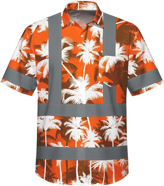 High Visibility Hawaiian Shirt for Men Tropical Shirts Custom Name Floral Outfit Reflective Safety Workwear
