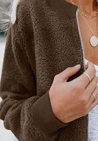 MIROL Women's Fall Trendy Fleece Jacket Faux Sherpa Fuzzy Casual Long Sleeve Zip Up Loose Fit Bomber Winter Coat