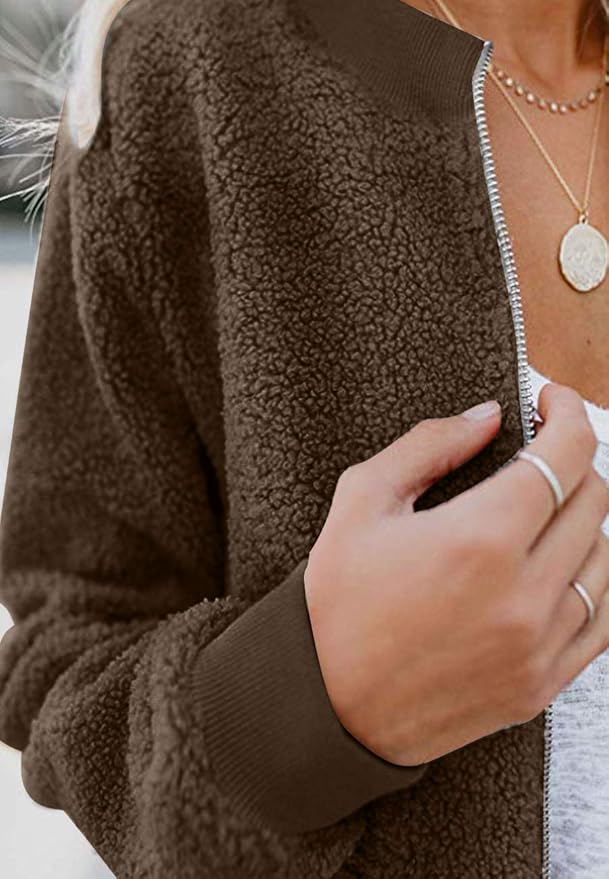 MIROL Women's Fall Trendy Fleece Jacket Faux Sherpa Fuzzy Casual Long Sleeve Zip Up Loose Fit Bomber Winter Coat