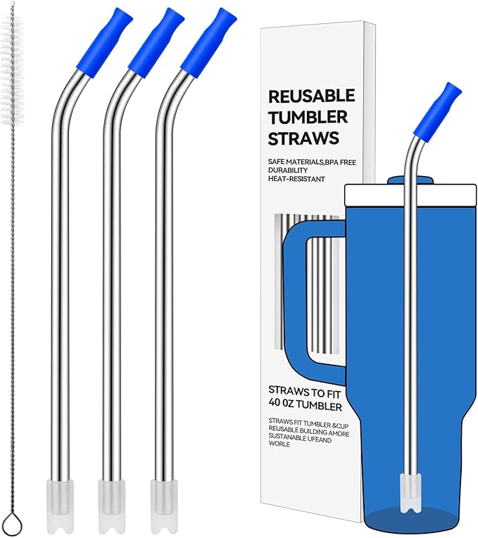 Reusable Stainless Steel Straws with Silicone Tip for Stanley 40oz, Metal Drinking Straws for 40oz Tumbler,3 Bent Tubes & 6 Tips& 1 Cleanr Brush (Iris)