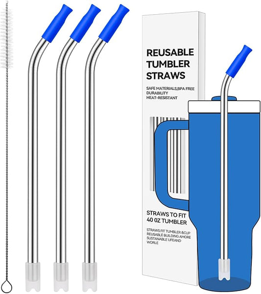 Reusable Stainless Steel Straws with Silicone Tip for Stanley 40oz, Metal Drinking Straws for 40oz Tumbler,3 Bent Tubes & 6 Tips& 1 Cleanr Brush (Iris)