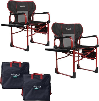 SUNNYFEEL Camping Directors Chair Set of 2 Aluminum Oversized Portable Folding Chair with Side Pocket and Adjustable Side Table for Beach, Fishing, Trip, Picnic, Lawn, Outdoor Foldable Camp Chairs