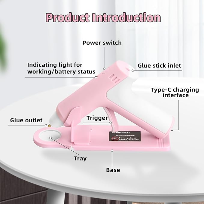 DOMINOX 4V Cordless Hot Glue Gun with 20 Glue Sticks, 25s Fast Preheating, 2000mAh Type-C Rechargeable, Smart-Power-Off, for Art, Craft, DIY, Home Repairs, Pink