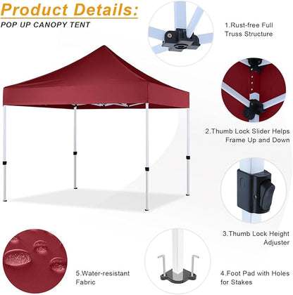 10x10 Pop Up Canopy Tent for Outdoor Commercial Instant Sun Shelter,Burgundy