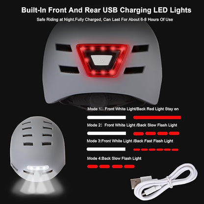 Bike Helmets for Adults - Front and Rear LED Lights Adjustable Bicycle Helmet for Adults Men Women Scooter Helmet for Commuting, Road Biking, Skating, Scooter