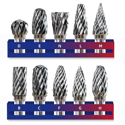 Carbide Burr Set 1/8" Inch Shank（3mm）Diameter，10PC Tungsten Double Cut Rotary Die Grinder Bits- Cutting Burrs for Aluminum Metal Wood Carving, Engraving,Polishing,Drilling