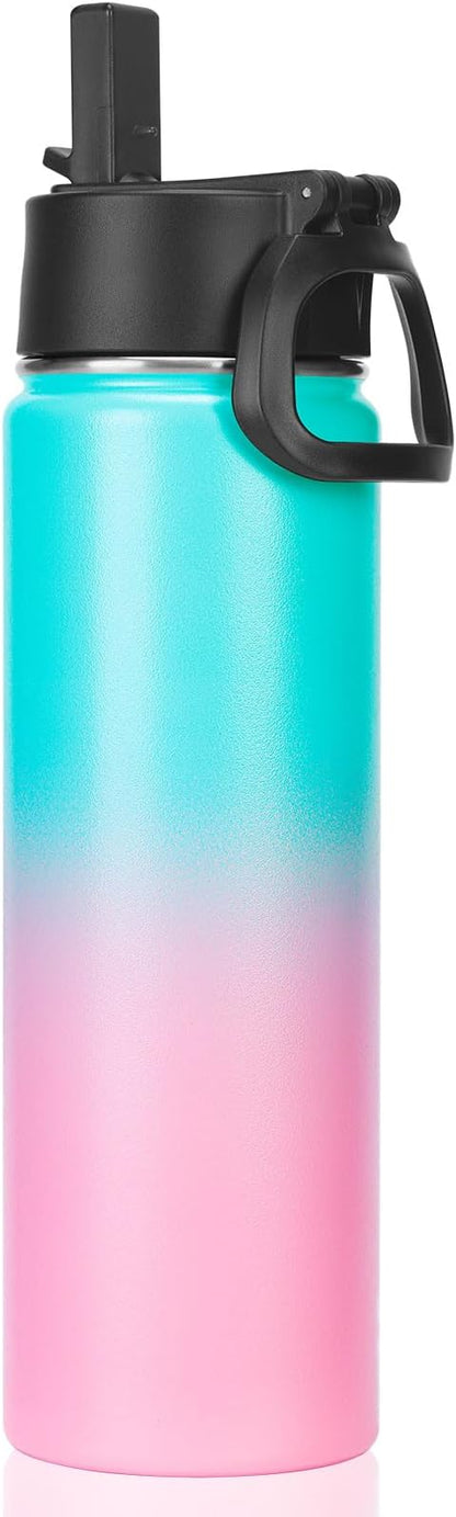 Neihepal 22 oz Insulated Water Bottle with Straw Lid, Double Walled Vacuum Stainless Steel Water Bottles Leak Proof, Wide Mouth (Green Pink,1 Pack)