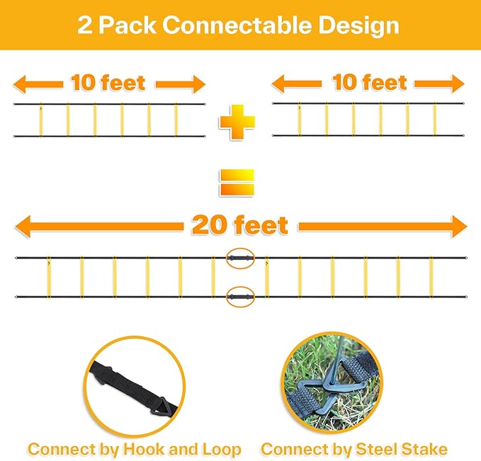Sportneer Agility Ladder Speed Training Set 12 Rungs 20ft Detachable Exercise Ladders in 2pcs (6 rungs Each) with Ground Stakes for Soccer Football Footwork Training Ladder with Carry Bag