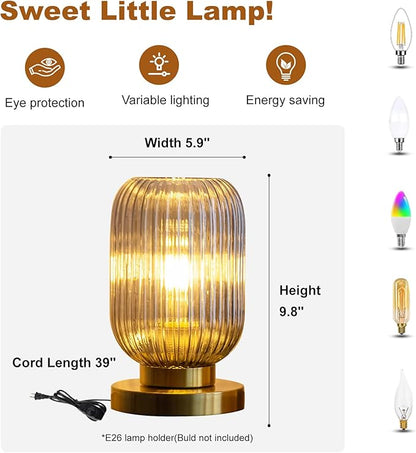 Modern Ribbed Glass Table Lamps Mid Century Bedside Light Small Nightstand Lamp with Plug-in Style, E26 Ambient Lighting for Bedroom Living Room Tabletop, Smoke Gray