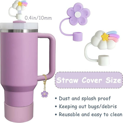 Stanley Cup Accessories Set,Including 2 Pcs 0.4in Straw Cover, 1 Silicone Spill-Proof Stopper Set of 3, 1 Cute Purple Flower Handle Charm, 1 Silicone Boot Fits Stanley 40&30 Oz Tumbler (Lilac)