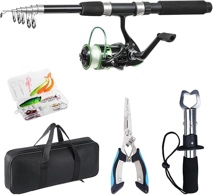 Fishing Rod, 6.9ft Telescopic Fishing Rod and Reel Combo with Fishing Pliers and Lip Gripper Fishing Equipment, 5.2:1 Pre-Loaded Spinning Reel Combo Set Fishing Pole